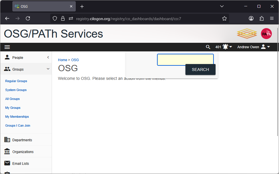 COmanage: global search text box