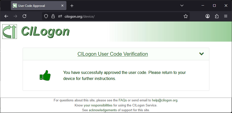 Confirmed login to CILogon in browser