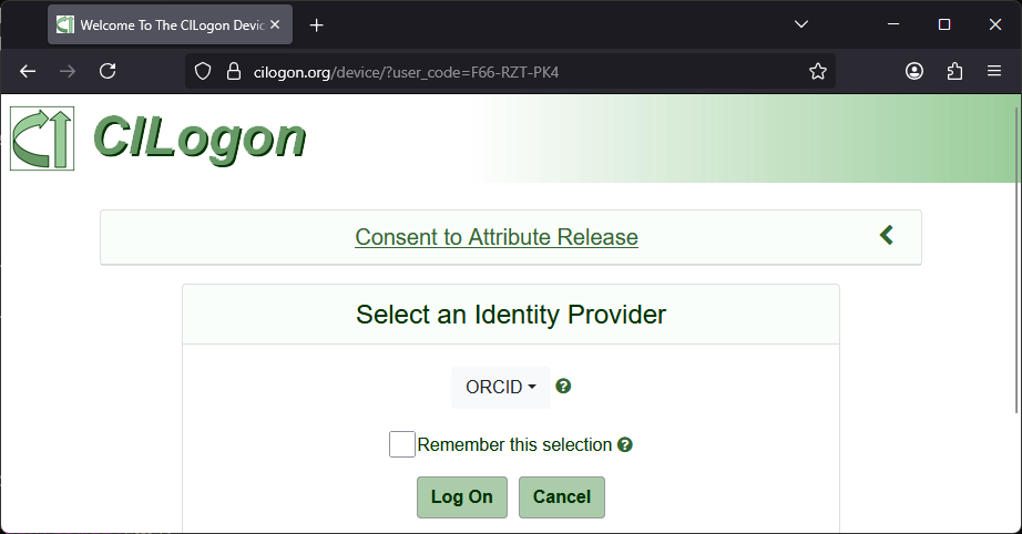 Login to CILogon in browser